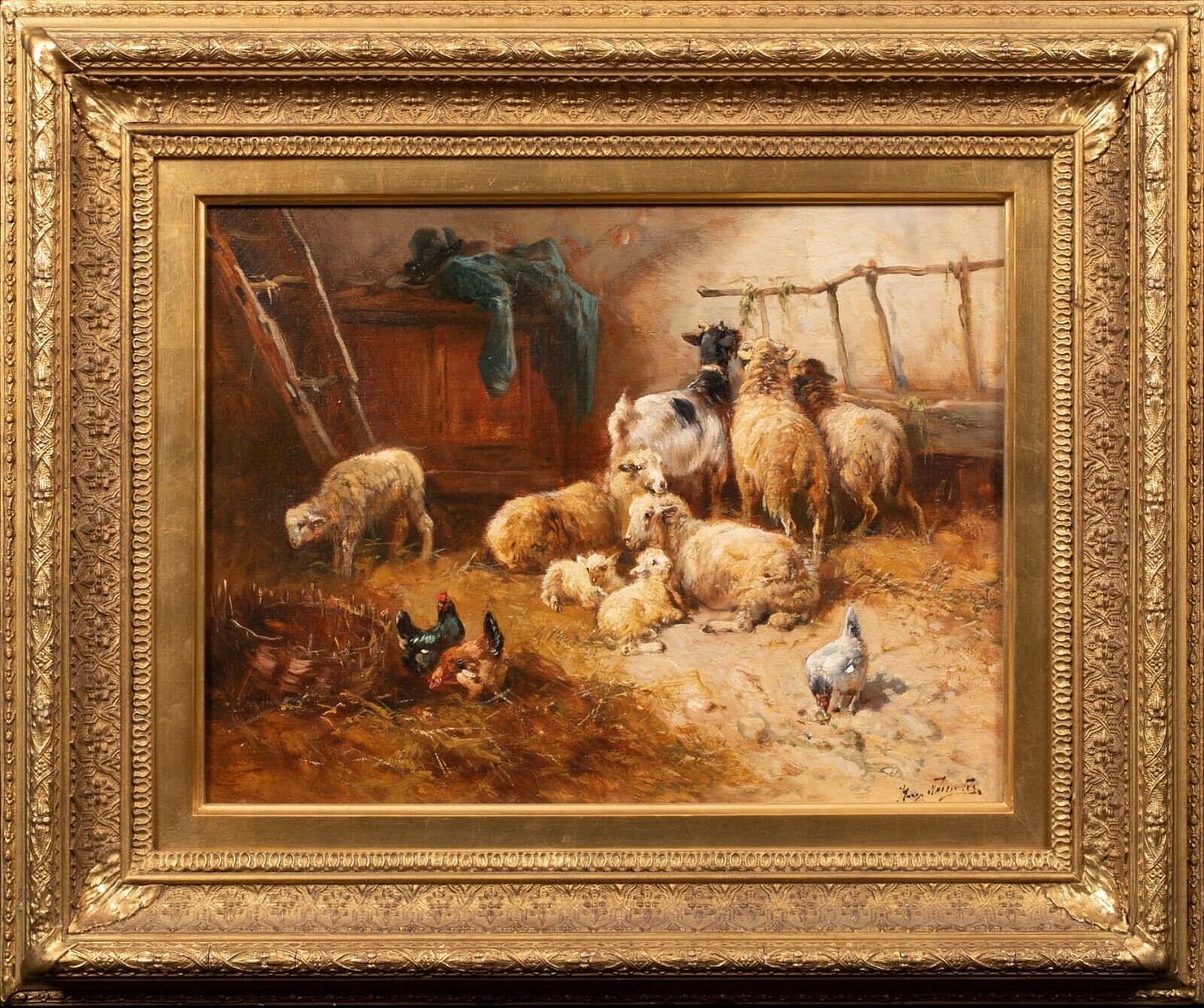 BARN INTERIOR WITH SHEEP, GOATS & CHICKENS OIL PAINTING - Henry Schouten
