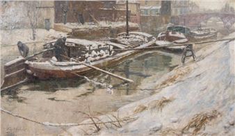 Ferdinand WILLAERT (1861-1938), oil on canvas clearing snow from barge, signed - Ferdinand Willaert