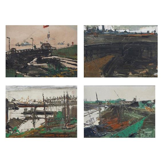 Leon Engelen | 4 works of oil on board Harbour views, signed (1943 ...