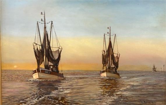 Abendstimmung, Greetsieler Fischkutter auf See by Heinz Kramer-Hinte