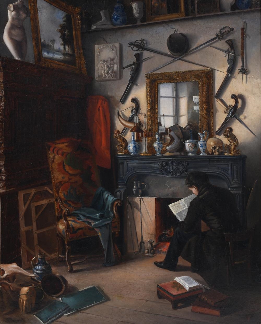 THE COLLECTOR READING BY THE FIREPLACE by Dutch School, 18th Century