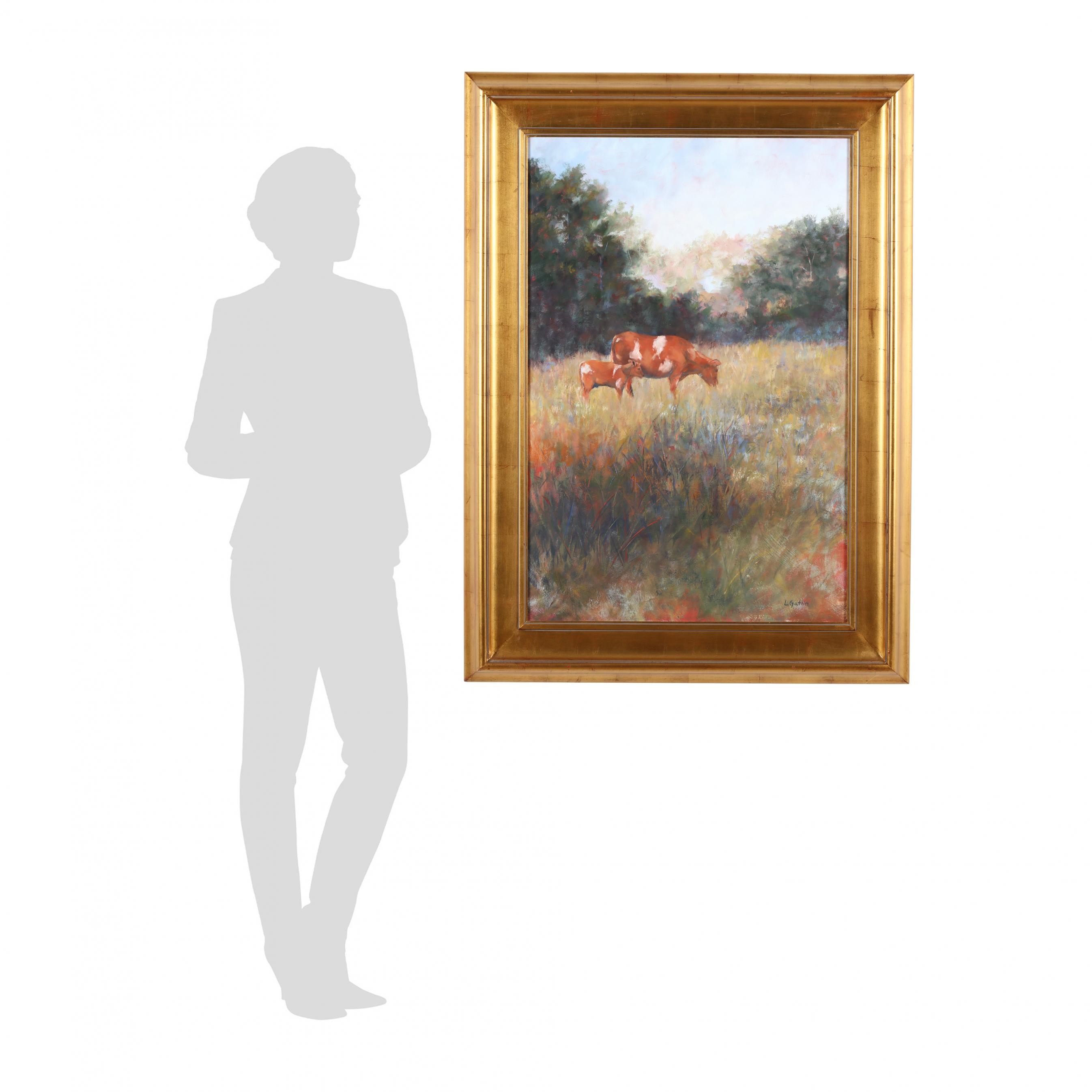 Artwork by Lita Gatlin, Cow and Calf Grazing, Made of Oil on canvas