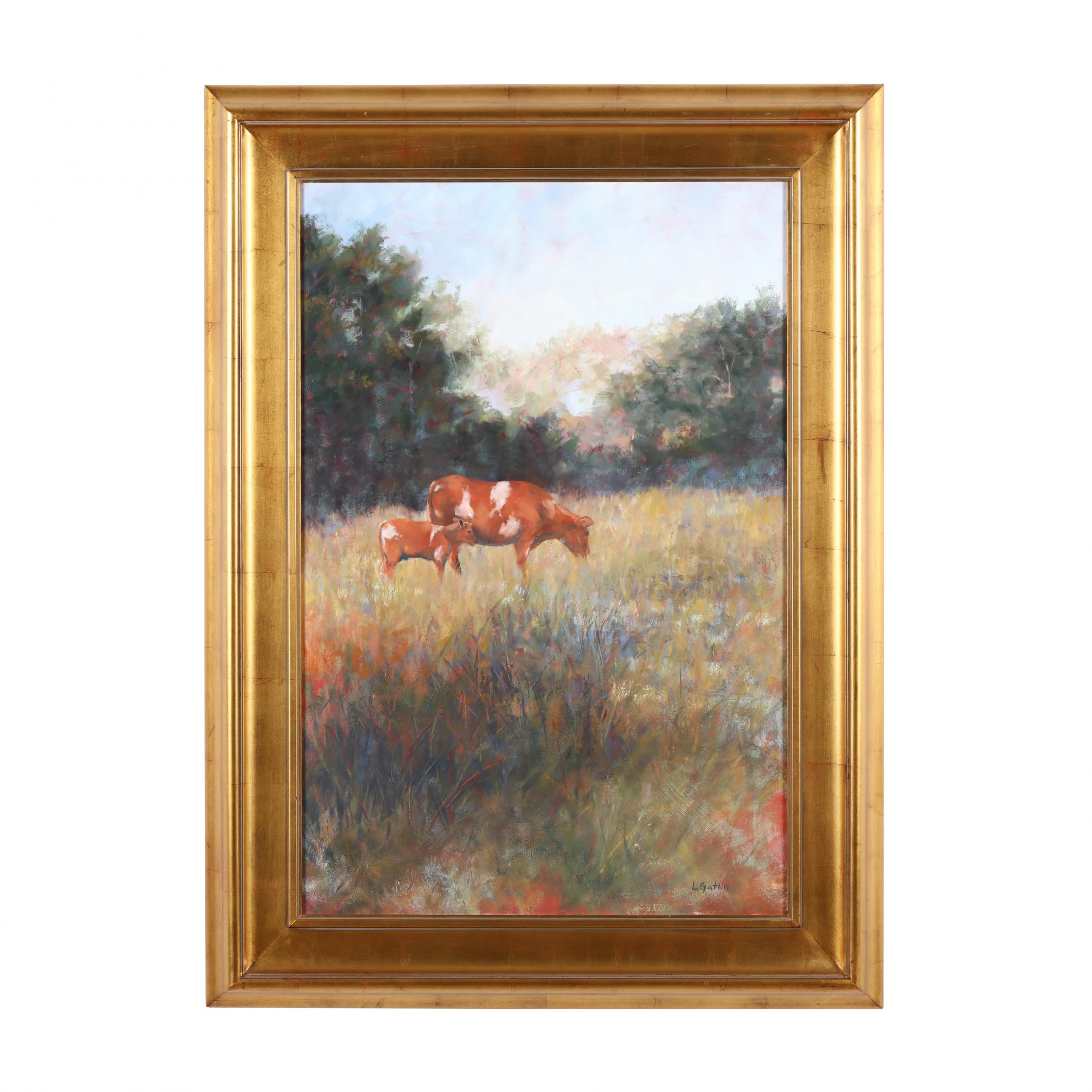 Artwork by Lita Gatlin, Cow and Calf Grazing, Made of Oil on canvas
