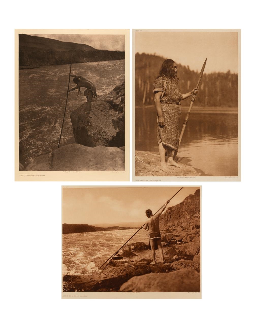 Group of Three Photogravures: The Whaler - Clayoquot, 1915 + Spearing Salmon - Wishham, 1909 + The Fisherman - Wishham, 1909 by Edward S. Curtis, 1915