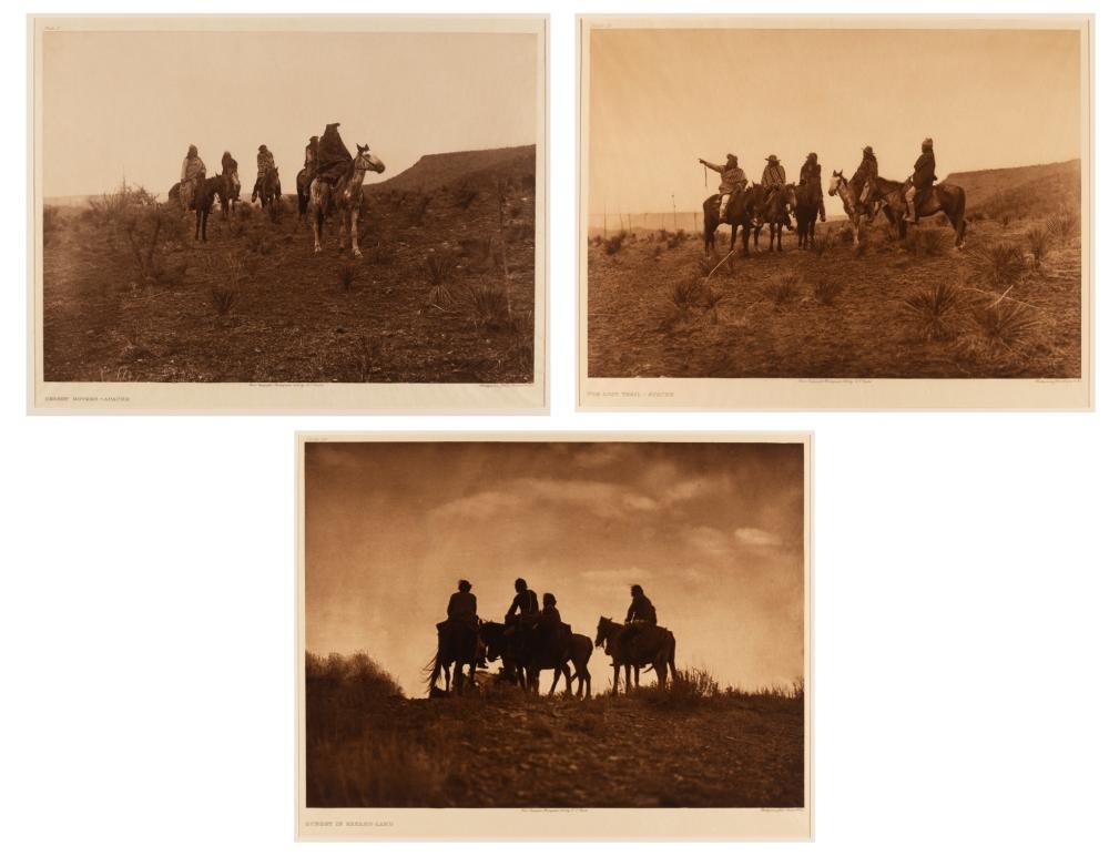 Group of Three Southwest Photogravures: Desert Rovers - Apache, 1903 + The Lost Trail, 1908 + Sunset in Navajo-Land, 1904 by Edward S. Curtis, 1903