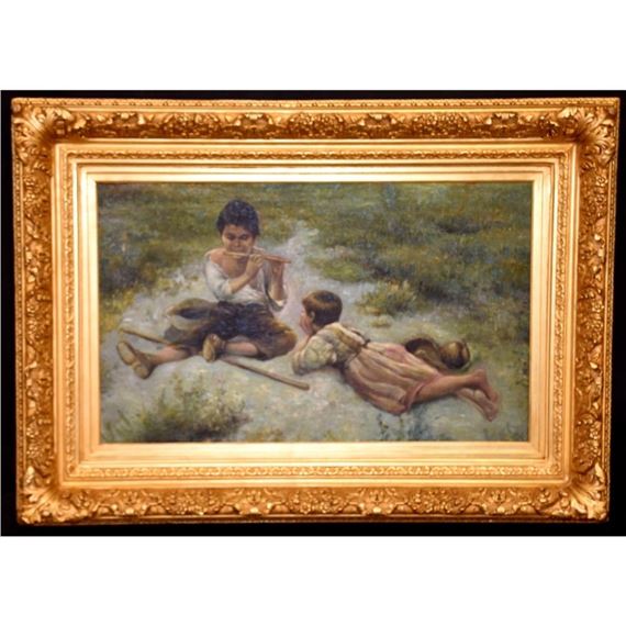 R. Devane. The pipe player entertaining his friend. Signed lower left. In elaborate gilt frame. H 53cm by R. Devane