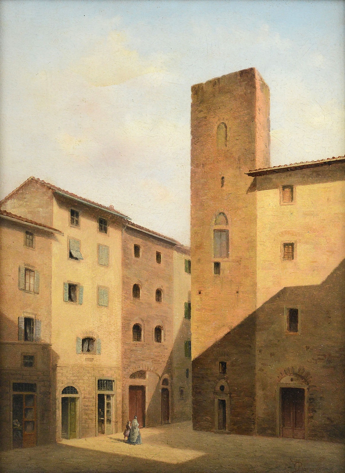 Medieval square with tower and figures - Odoardo Borrani
