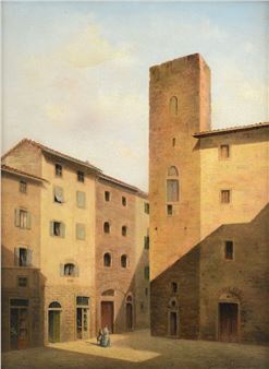 Medieval square with tower and figures - Odoardo Borrani