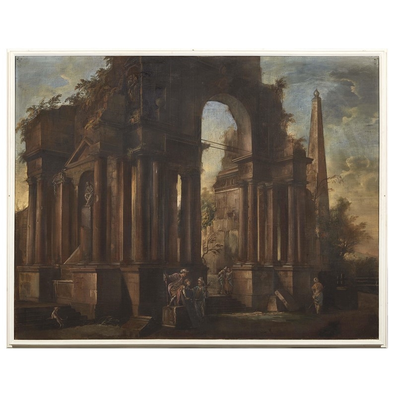ARTIST ACTIVE IN ROME, 18TH CENTURY, A PAIR OF CAPRICCIOS WITH CLASSICAL ARCHITECTURES AND FIGURES, OIL ON CANVAS, 169X217 CM - Roman School, 18th Century