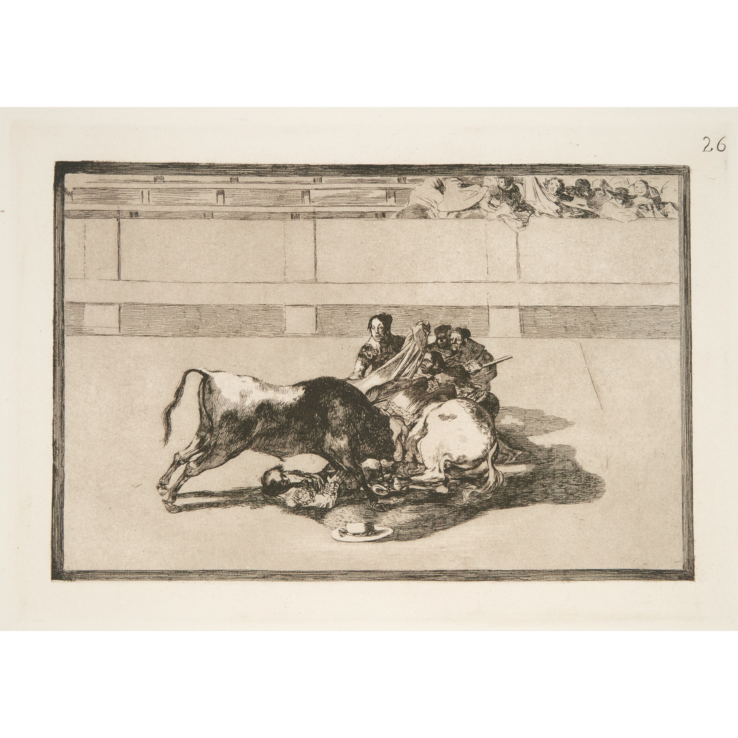 CAIDA DE UN PICADOR DE SU CABALLO DEBAJO DEL TORO, PLATE 26, FROM "LA TAUROMAQUIA," 1815-1905 [H. 229 - Francisco José de Goya y Lucientes