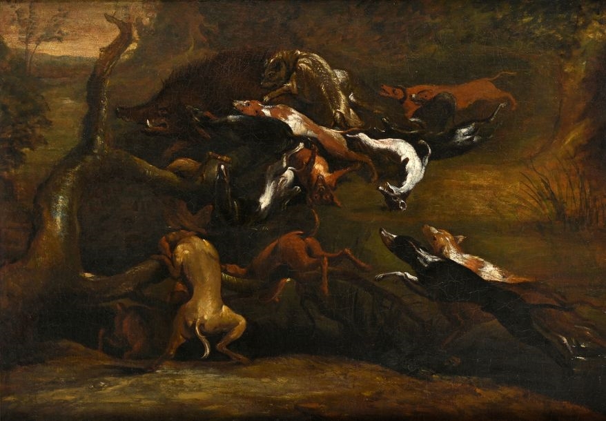 The pig hunt - Abraham Hondius