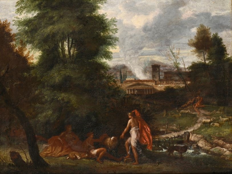 Pastoral scene with an ancient city - Roman School, 17th Century