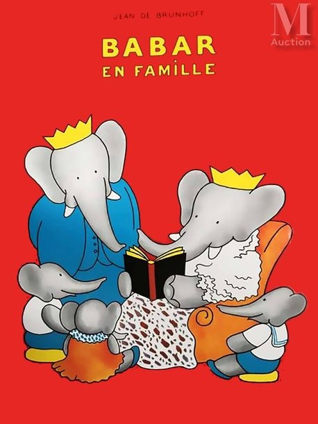 Babar and Family Babar in the Family Editions du Désastre Affiche entoilée/ Vintage Poster on Linnen T by Jean de Brunhoff, circa 1980
