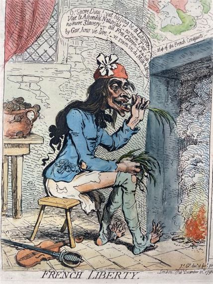 James GILLRAY (1756-1815) Set of three enhanced prints Dumourier dining in State at St Jame's - 31x37 cm. The Kitchen or Belzebub - 27x40 cm (foxing; staining) French Liberty , British slavery - 28x38 cm. by James Gillray