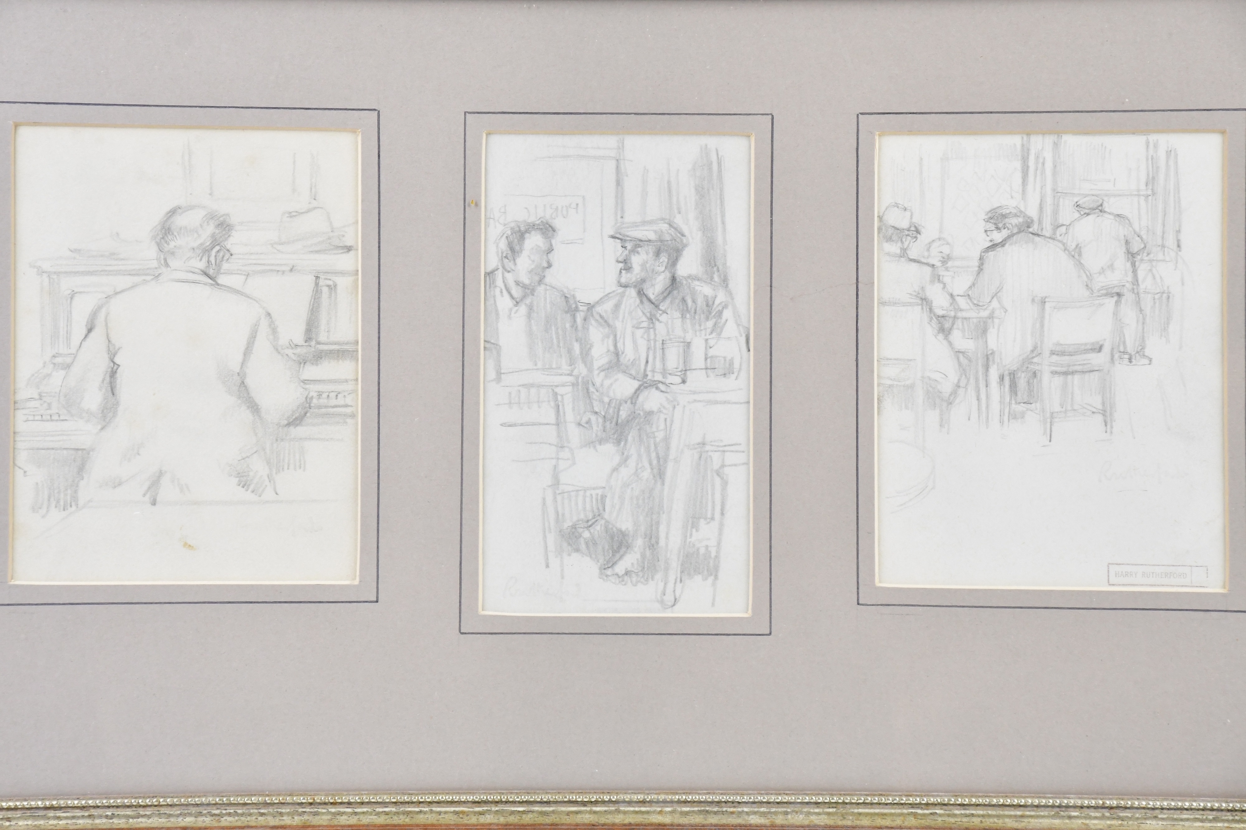 Harry Rutherford | three pencil drawings of figures inside pubs | MutualArt
