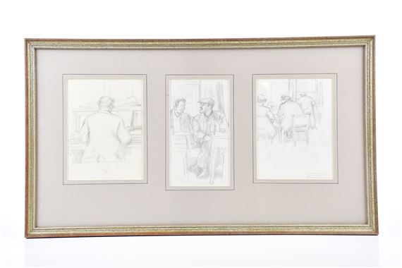 Harry Rutherford | three pencil drawings of figures inside pubs | MutualArt