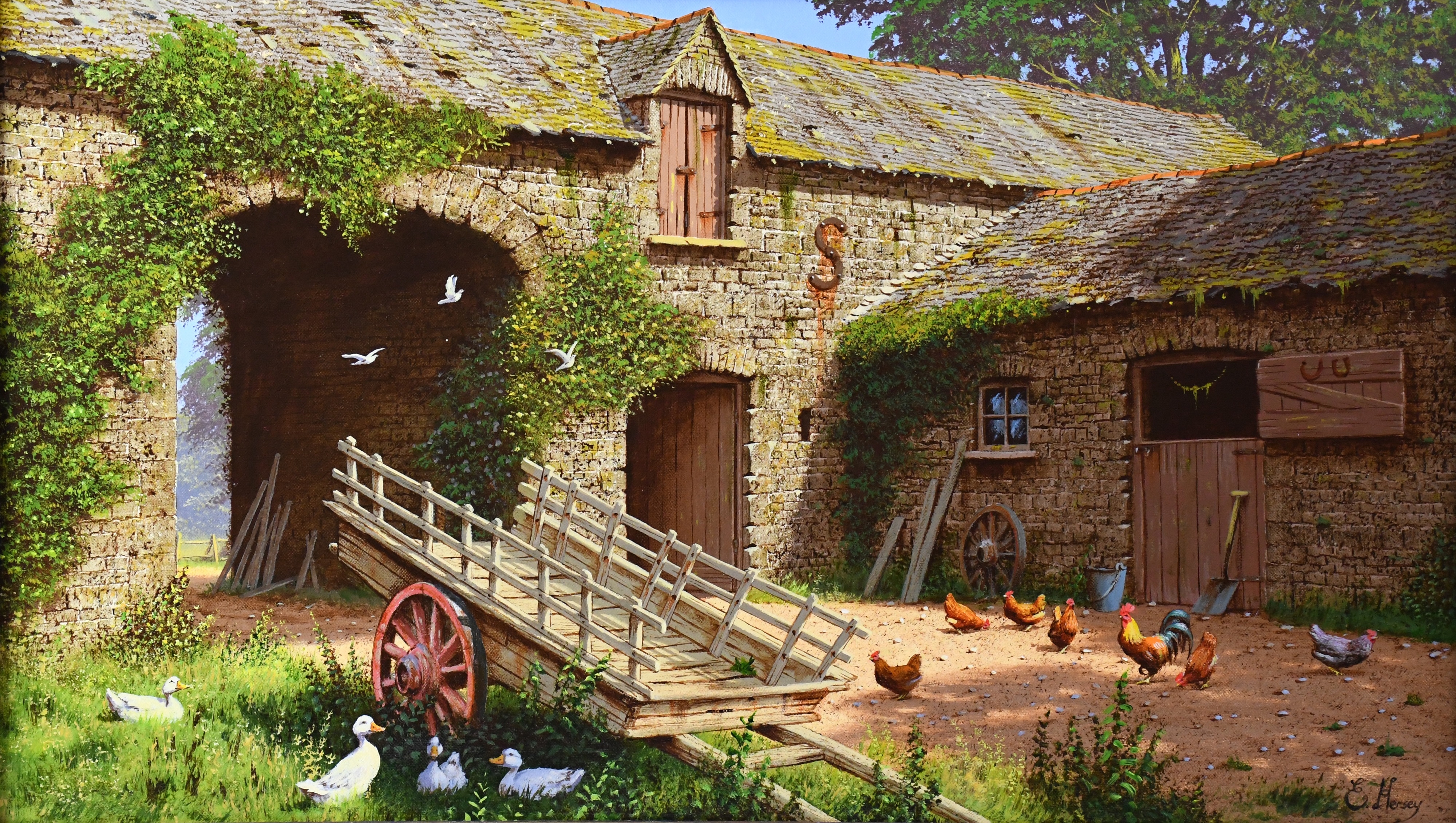 Edward Hersey | farmyard scene with trailer | MutualArt