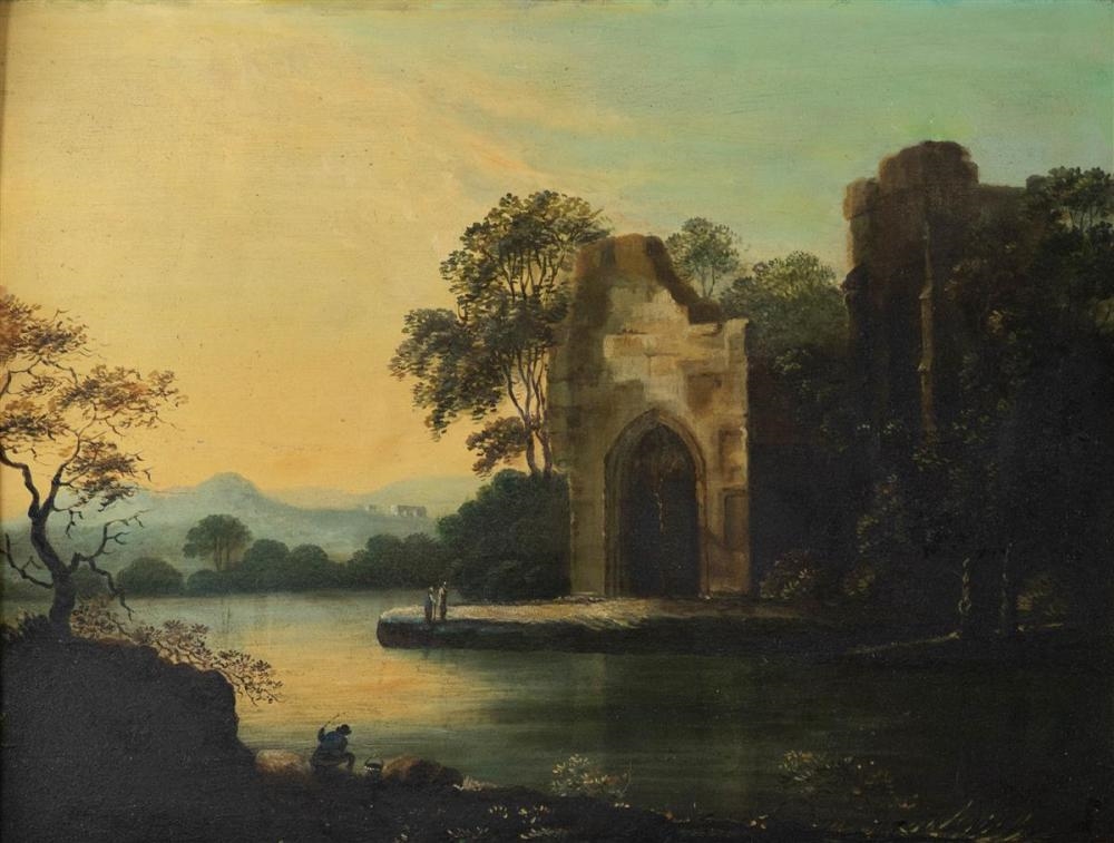 CHURCH RUINS BY THE RIVER - American School, 19th Century