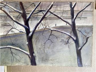 Ecole moderne - Vue des quais de Paris - Watercolor signed Jeanine Livet - Jeanine Livet