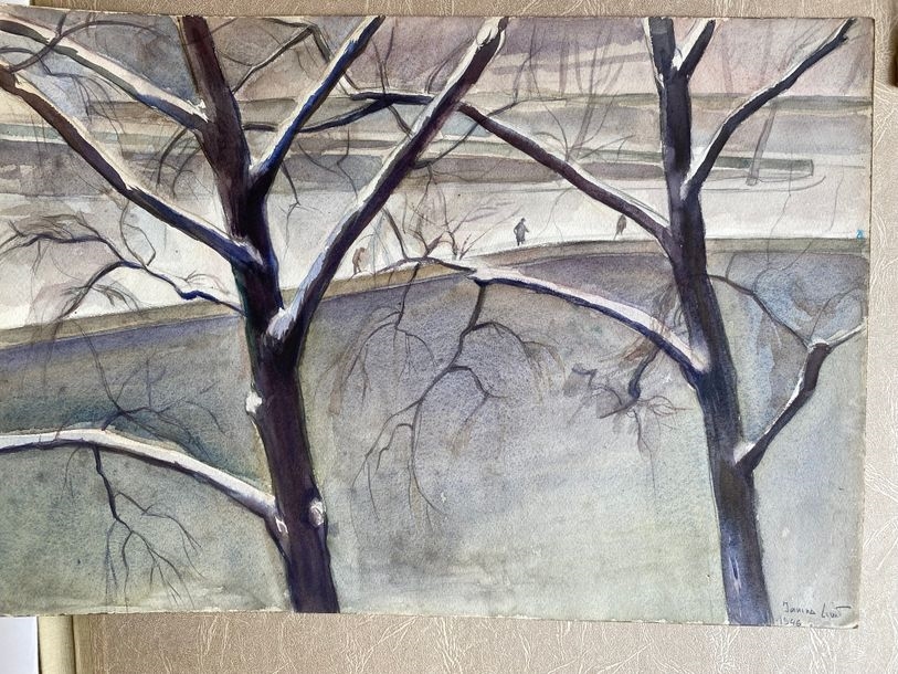 Artwork by Jeanine Livet, Ecole moderne - Vue des quais de Paris - Watercolor signed Jeanine Livet, Made of Watercolor