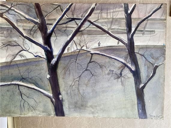 Ecole moderne - Vue des quais de Paris - Watercolor signed Jeanine Livet - Jeanine Livet