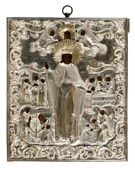 Superb icon of SAINTE-MÉGALOMARTYRE-CATHERINE D'ALEXANDRIE surrounded by scenes from her life Tempera on wood preserved under a fine silver oklad 875 thousandths - Andrei Plotnikov