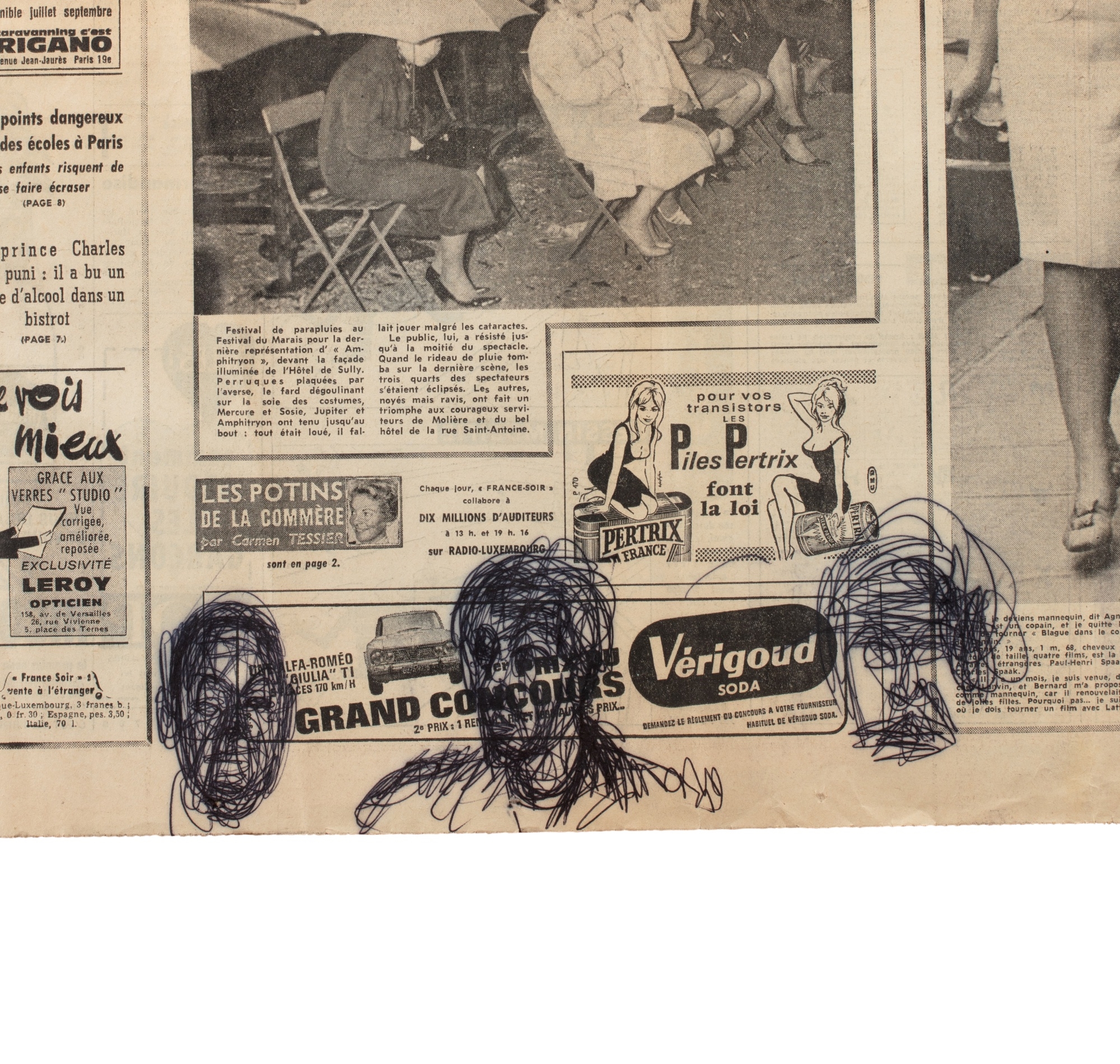Esquisses de têtes d'hommes et compositions perspectivales sur la une de France Soir, 21 juin 1963 - Alberto Giacometti