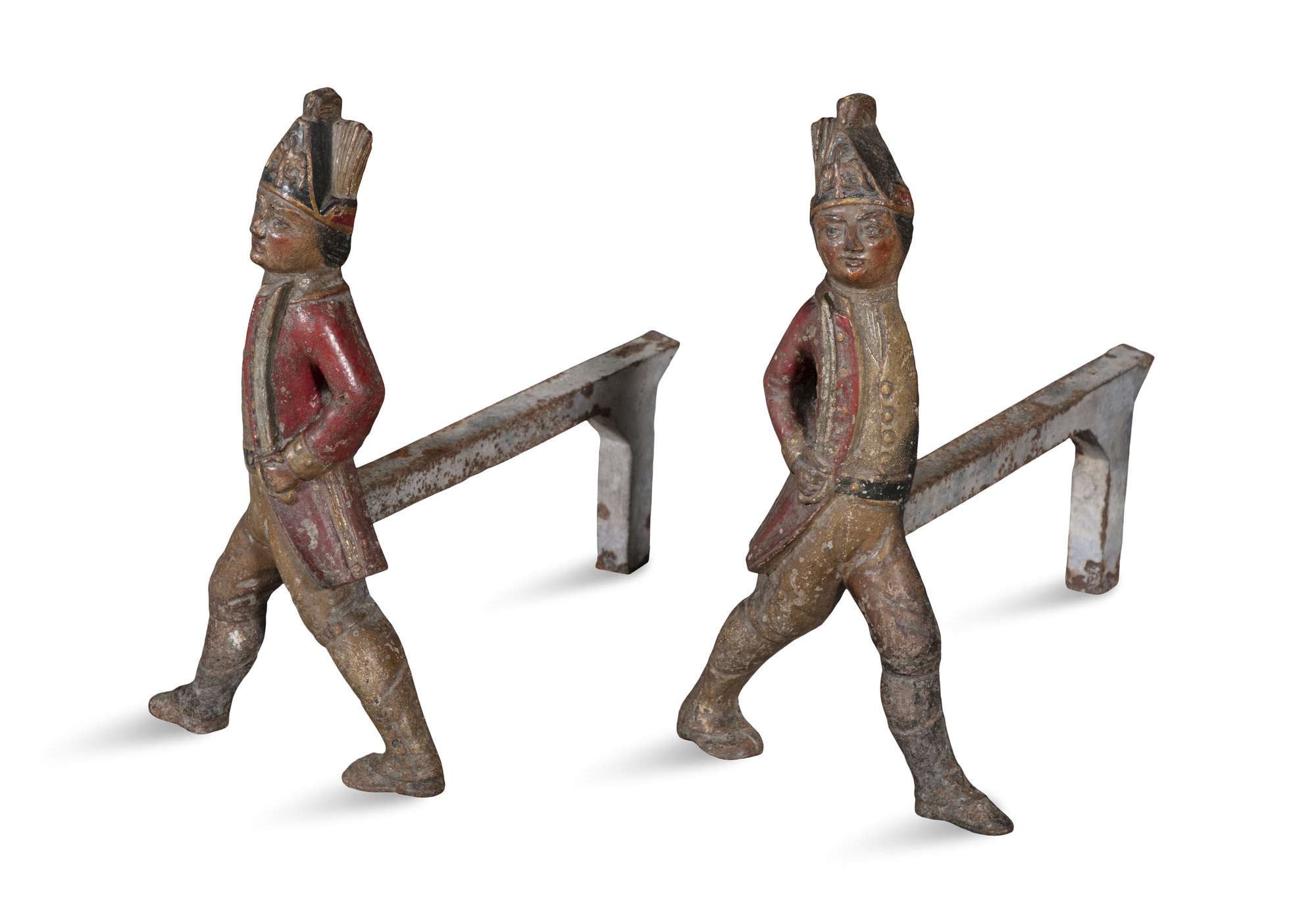 A PAIR OF AMERICAN POLYCHROME PAINTED CAST IRON HESSIAN SOLDIER FORM ANDIRONS - American School, 19th Century