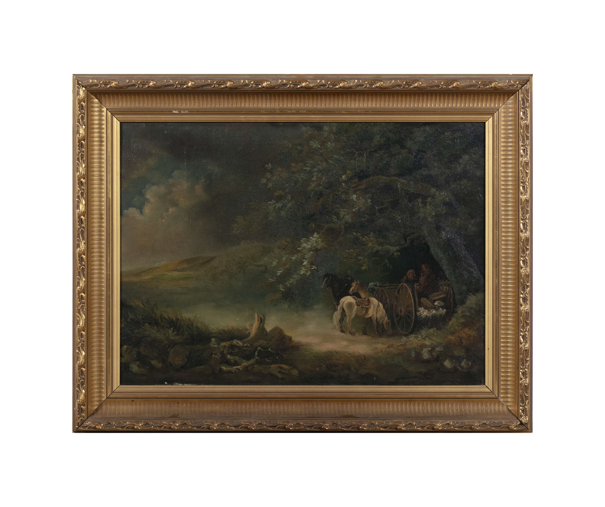 A Wooded Landscape With Travellers Beside a Cart and Horses, - British School, 19th Century