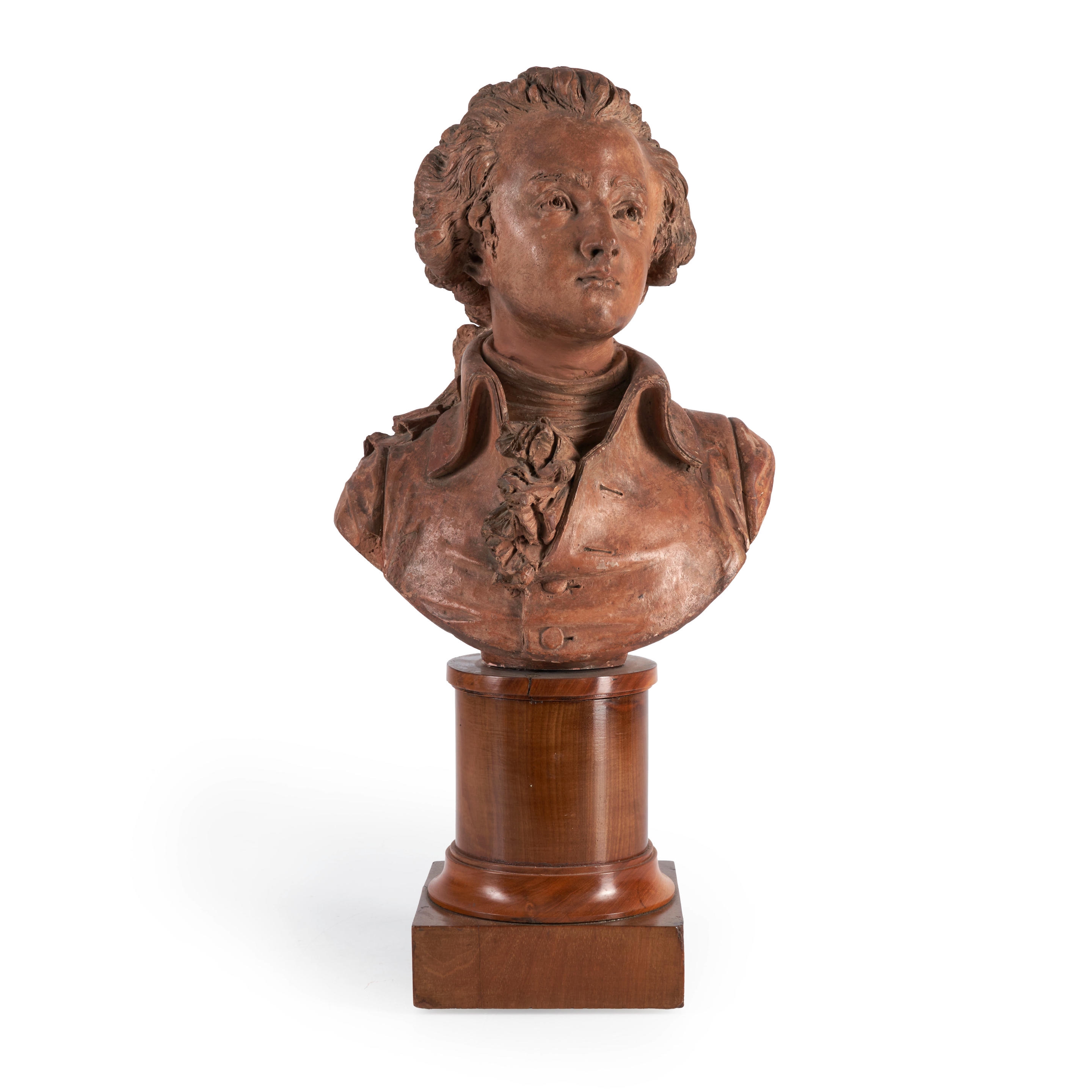Terracotta Bust of an Aristocrat on Fruitwood Base, - French School, 18th Century