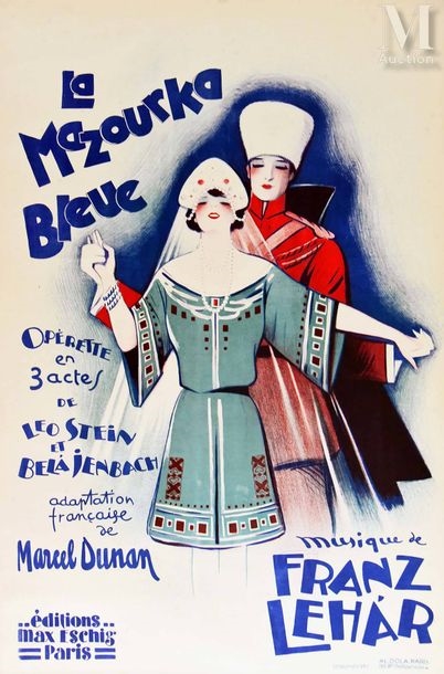 Artwork by Georges Dola, Mazourka Bleu Music by Franz Lehar Mazourka Bleu Music by Franz Lehar Dola Paris Vintage Poster on Linnen/ Affiche entoilée T, Made of Poster