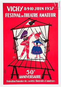 Vichy June 8,9,101957 Amateur Theatre Festival 50th Anniversary Vichy June 8,9,101957 Amateur Theatre Festival 50th Anniversary Dufournet Affiche entoilée/ Vintage Poster on Linnen T - Lefor Openo