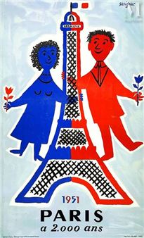 A vibrant graphic print of a couple standing beside the Eiffel Tower in red, blue, and black.