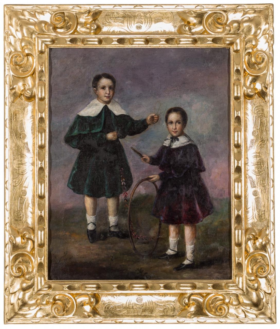 Retrato de pareja de niños con aro - Spanish School, 19th Century