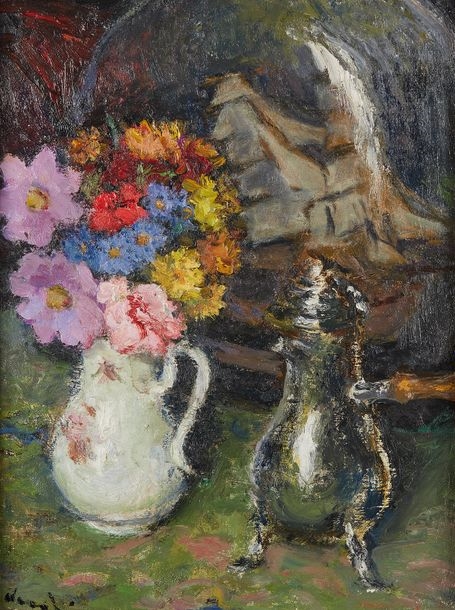 Pierre Deval | Bouquet of flowers with white vase and silver coffee pot ...