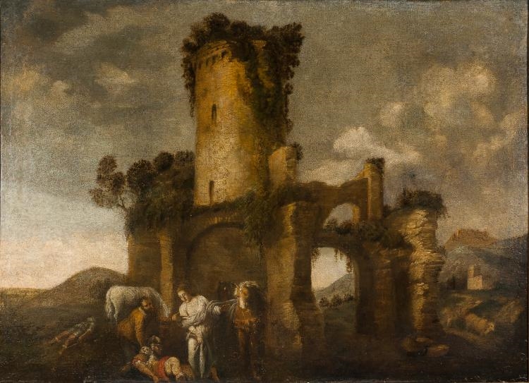 Landscape with ruins and characters - Italian School, 17th Century