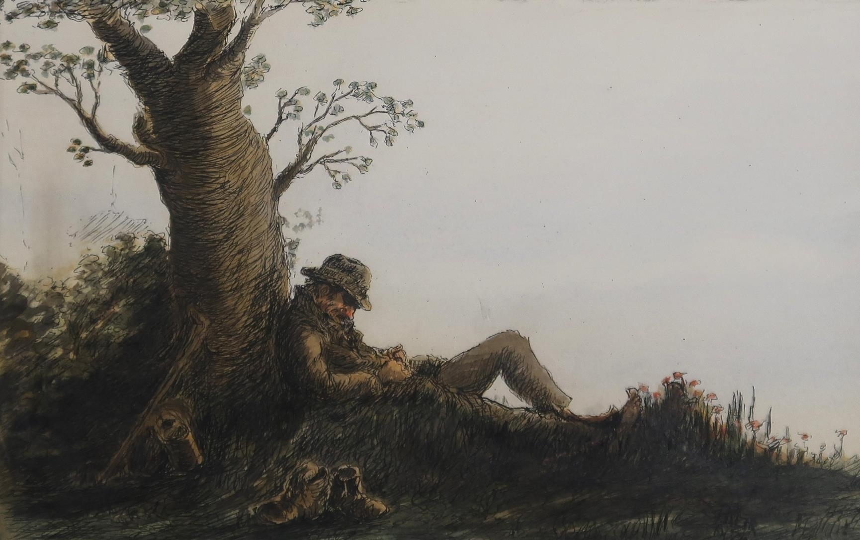 A solitary figure rests beneath a gnarled tree in a muted landscape.