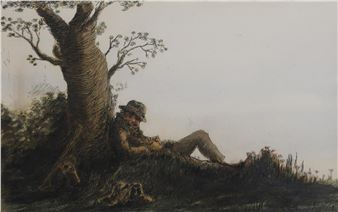 A solitary figure rests beneath a gnarled tree in a muted landscape.
