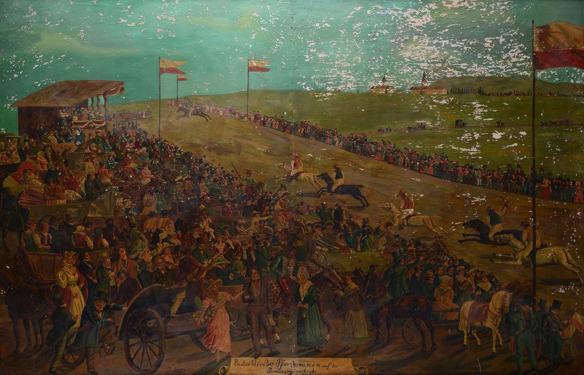 Artwork by Reinhold Hanisch, Corsa di cavalli a Simmeringer Haide, Made of oil on wood
