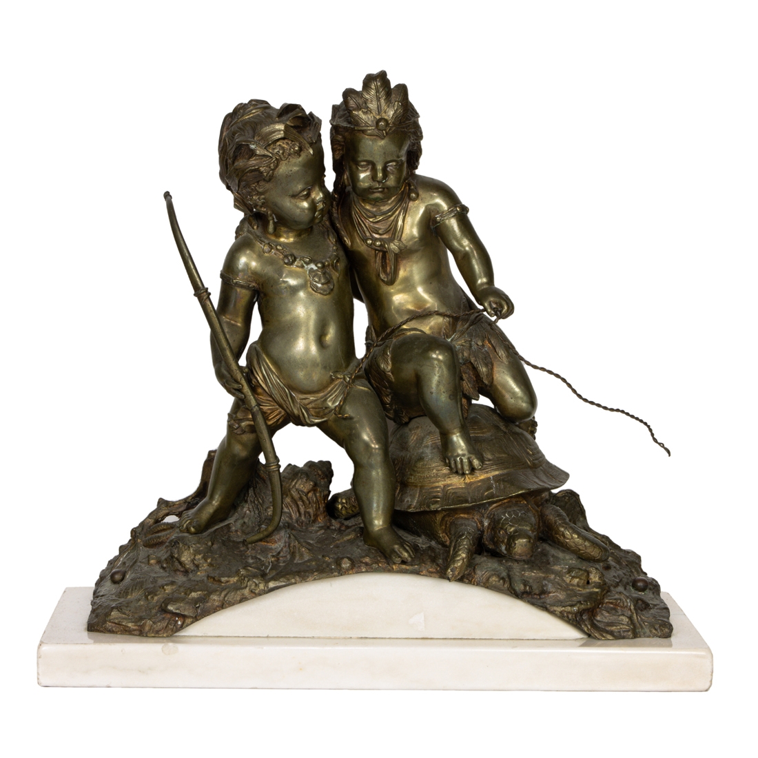 A Continental bronze group of two putti emblematic of America - Continental School, 19th Century