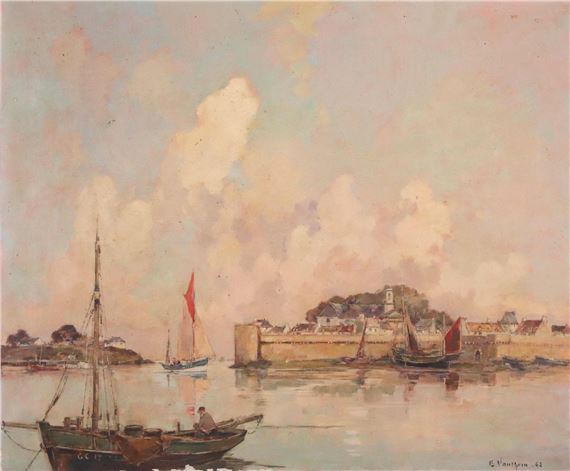 Concarneau, pêcheur devant les remparts de la ville close