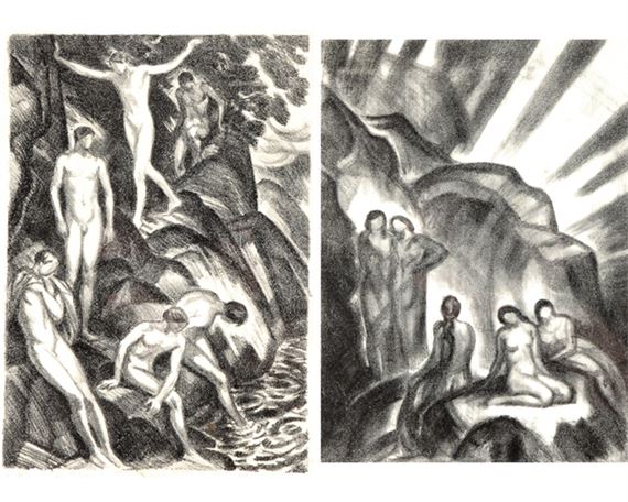 Darstellungen von Badenden, dabei: Dämmerung (1920), Jünglinge an der Quelle. by Ludwig von Hofmann, 1861