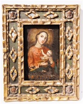 Oil on wood panel. Virgin and child. 11.75 x 7.75". Some losses to paint near the bottom. With and old repair where the board is tied with twine. In original hand carved frame. - Vasquez Ceballos