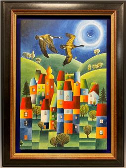 Canada Geese and a Crescent Moon - Harriet Bright