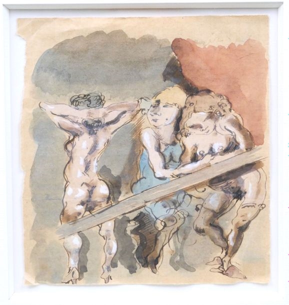 Artwork by Roger Wild, Young Women at the Railing, Made of Ink and watercolor on paper