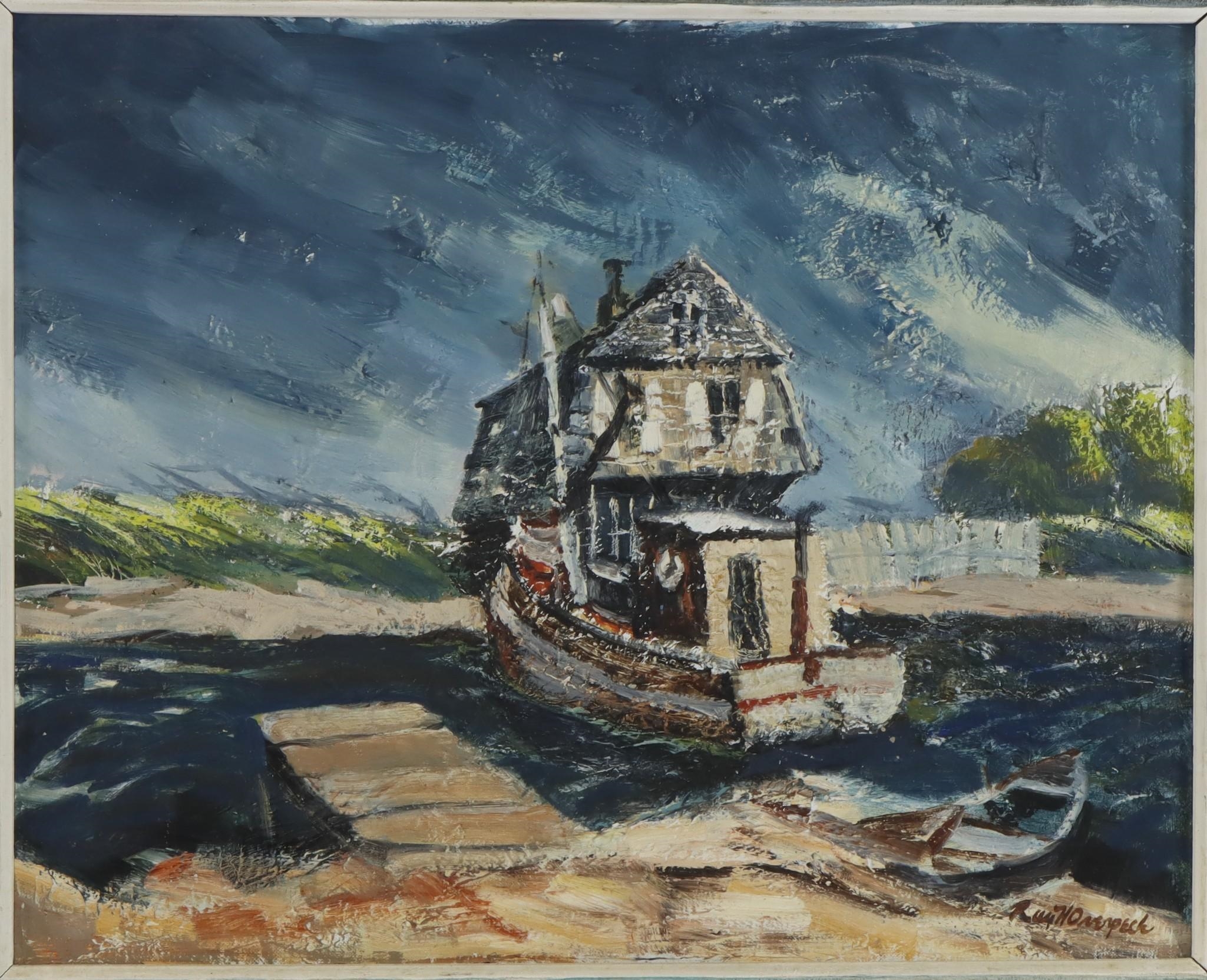 Artwork by Ray Overpeck, Stormy dock scene, Made of OIl on board