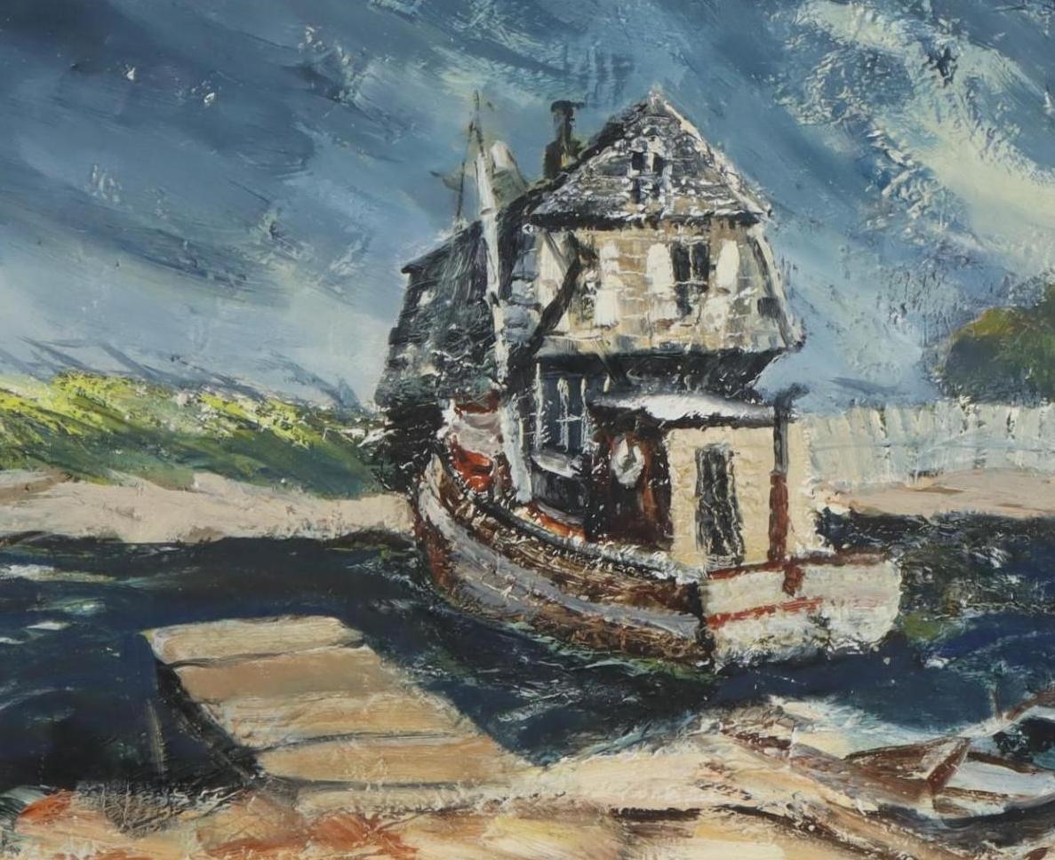Artwork by Ray Overpeck, Stormy dock scene, Made of OIl on board