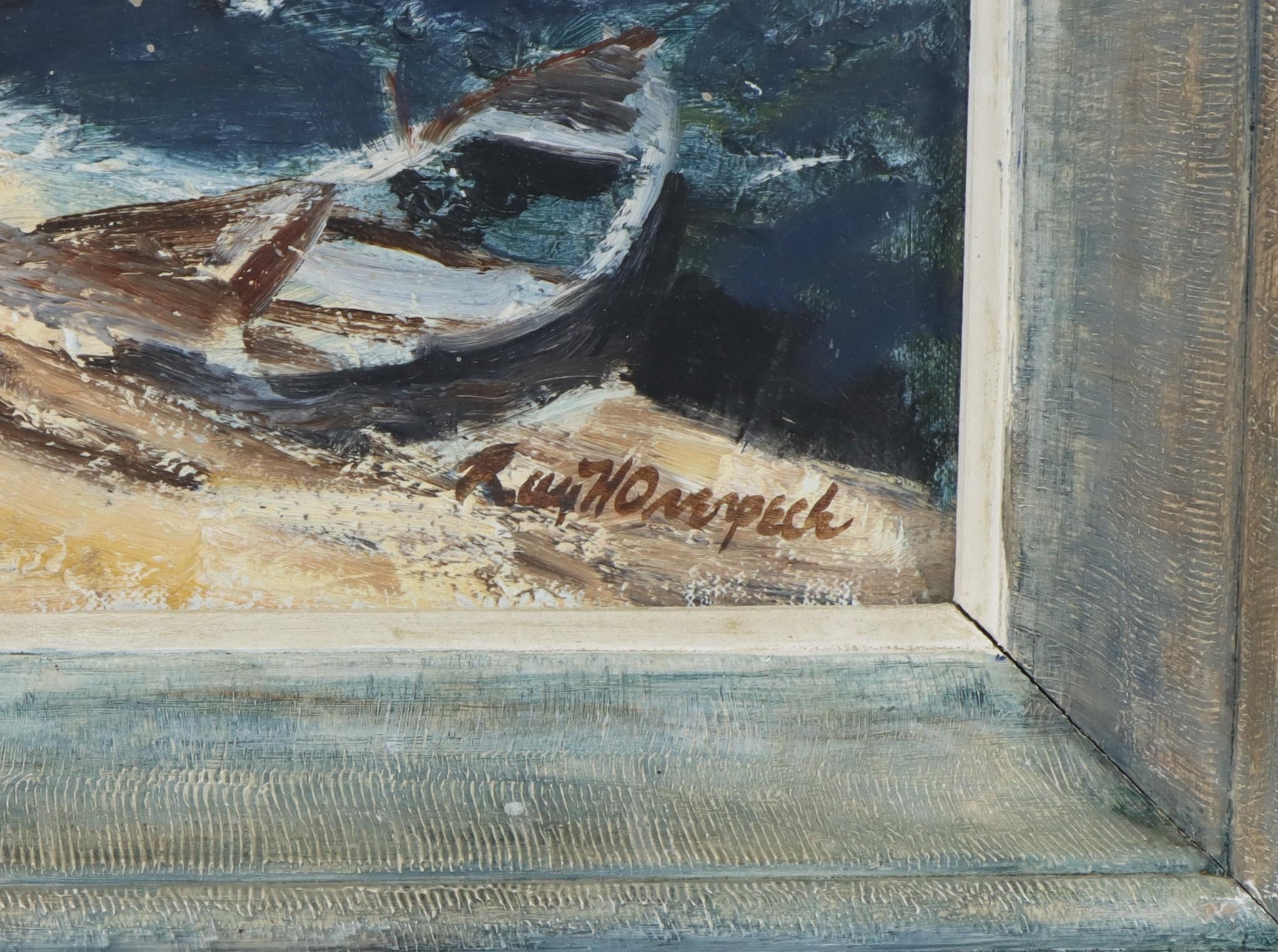 Artwork by Ray Overpeck, Stormy dock scene, Made of OIl on board