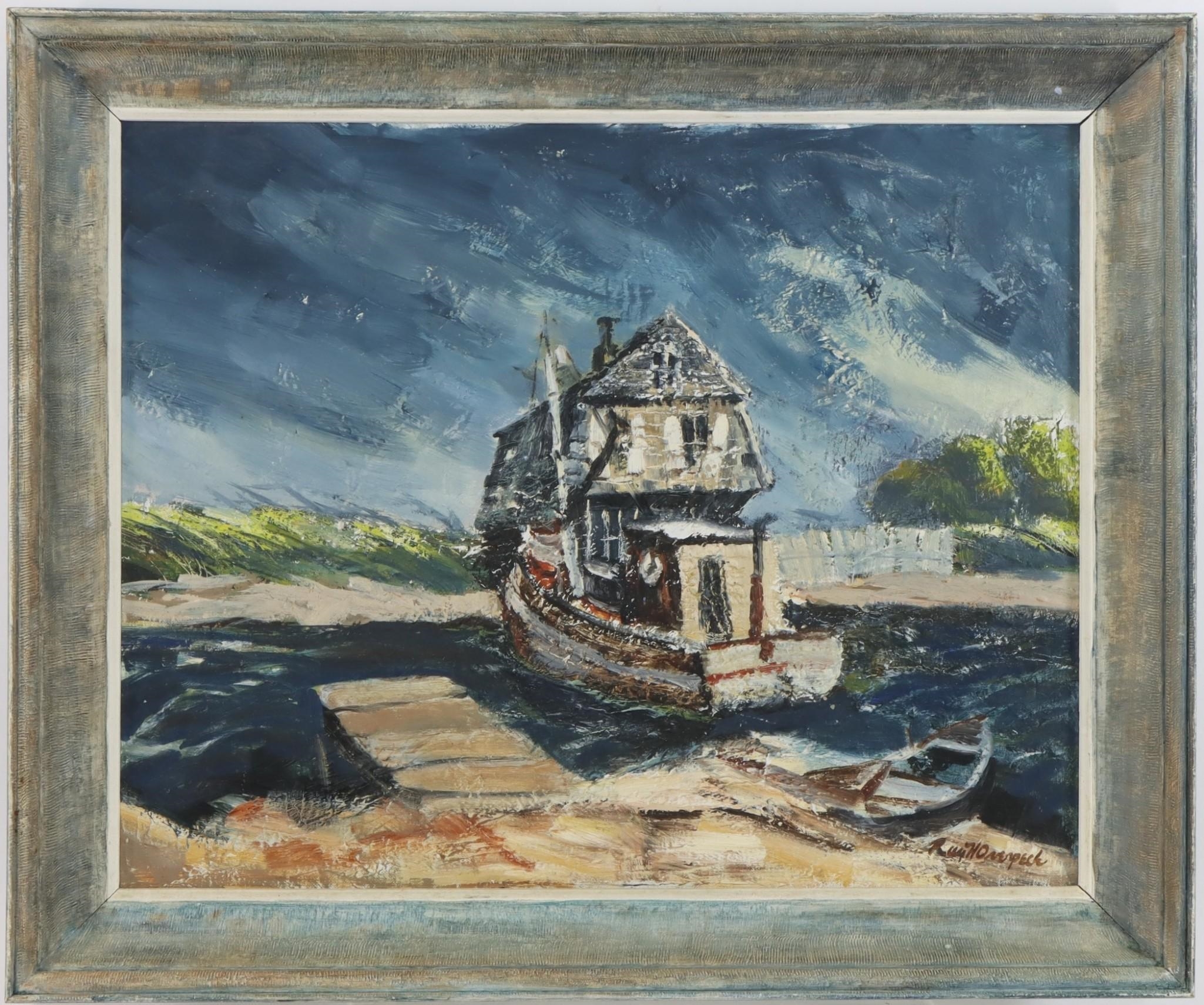 Artwork by Ray Overpeck, Stormy dock scene, Made of OIl on board
