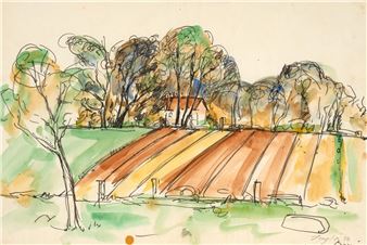 A watercolor landscape sketch of a plowed field with trees and a distant house.